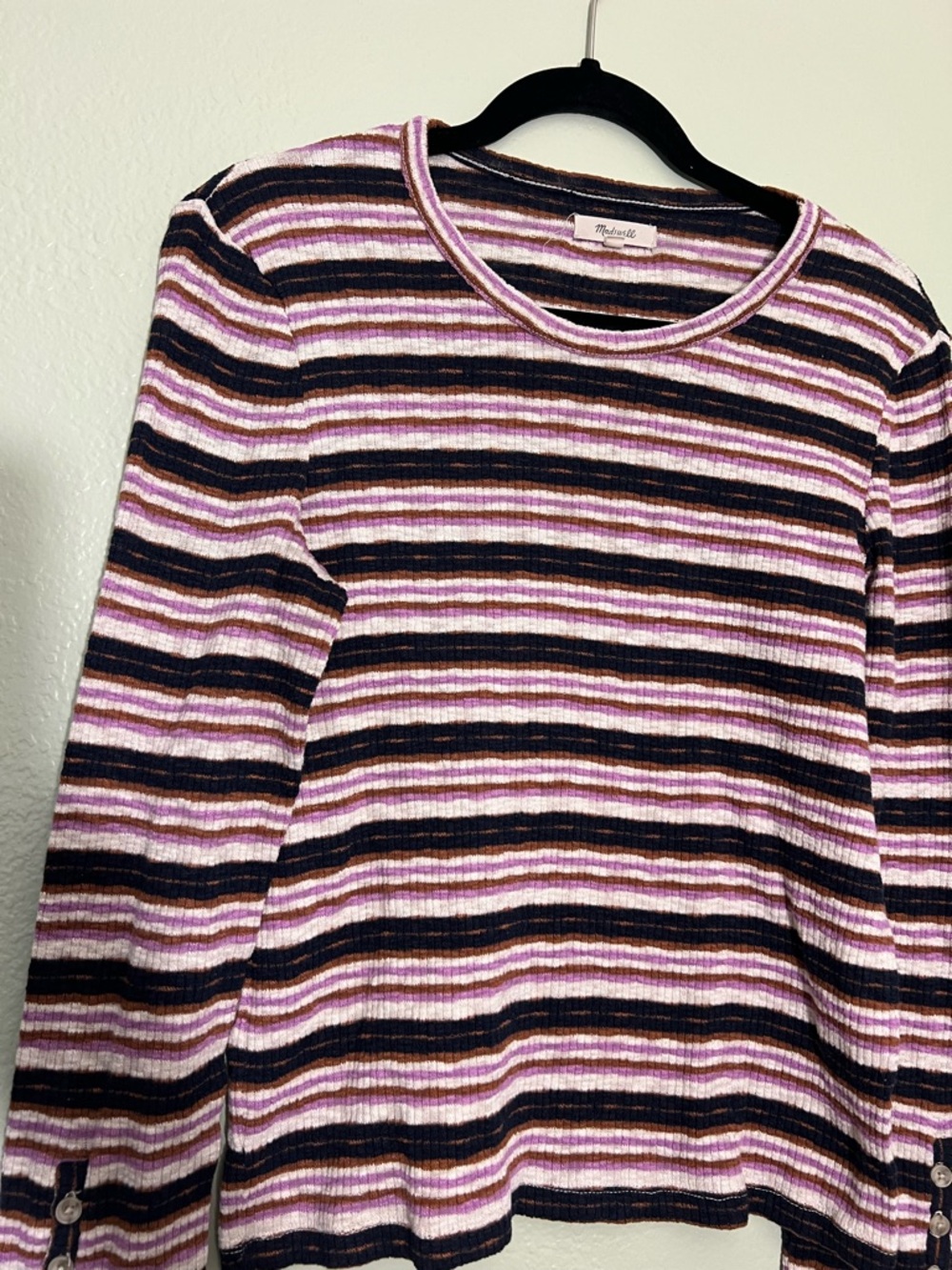 Madewell Striped Ribbed Top in Pink, Brown & Black L PTP 20 - Picture 5 of 7